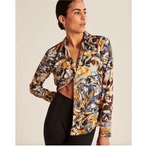 Abercrombie Brown & Blue Watercolor Swirl Satin Button Down